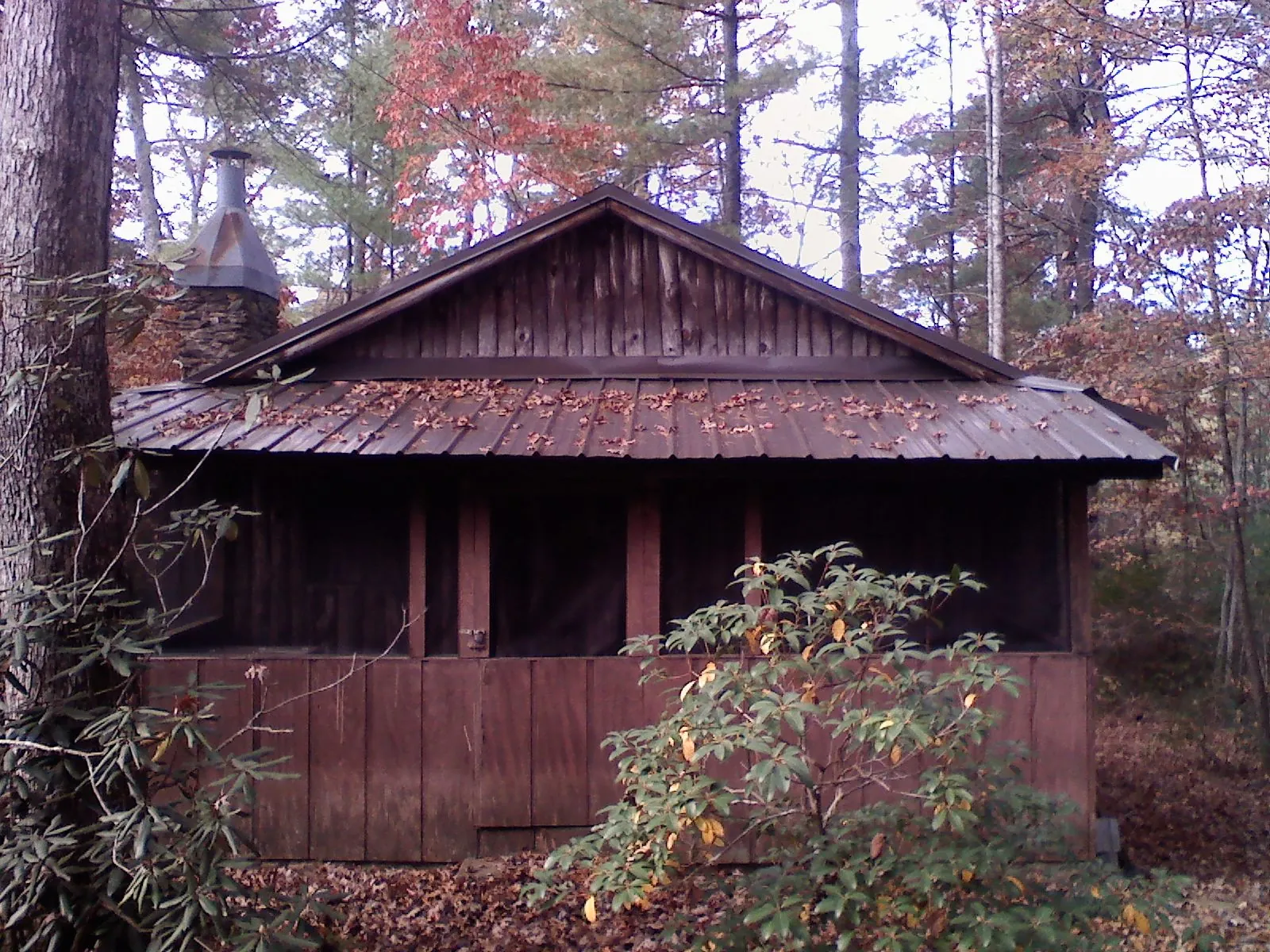 Metal roof over the screened porch of a rustic cabin in Bretz